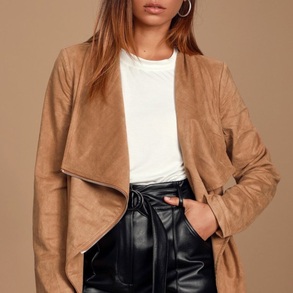 Lulus Wild At Heart Tan Vegan Suede Moto Jacket Brown - Size M